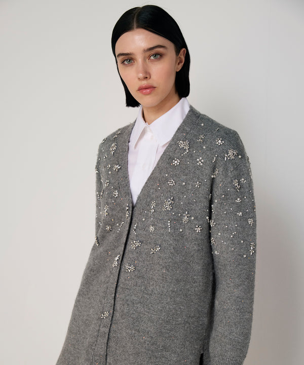 Machka Embellished Oversize Knit Cardigan Grey Melange
