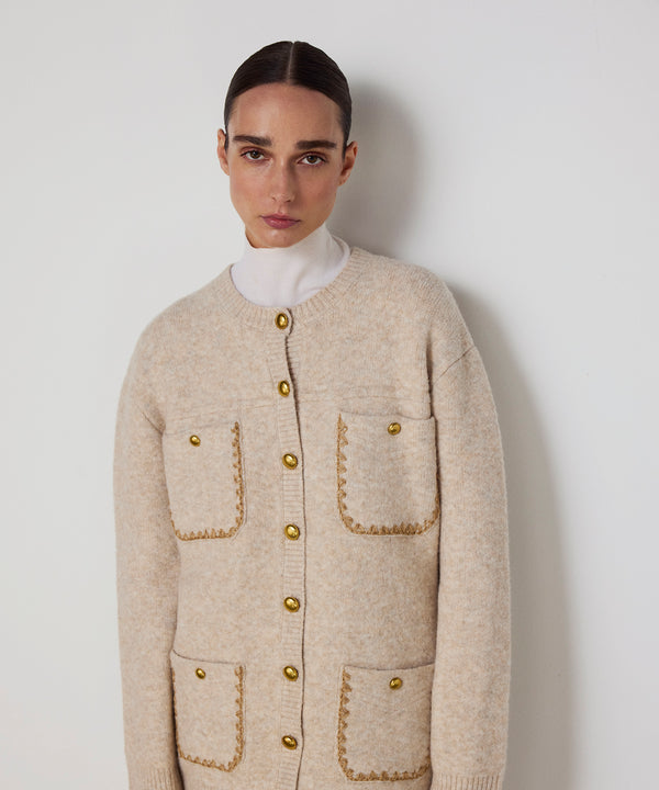 Machka Knit Cardigan With Contrast Embroidery Beige Melange