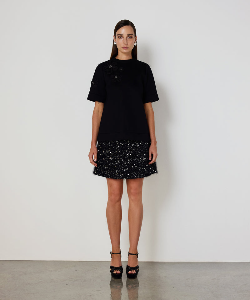Machka Floral Appliqué Scuba T-Shirt Black