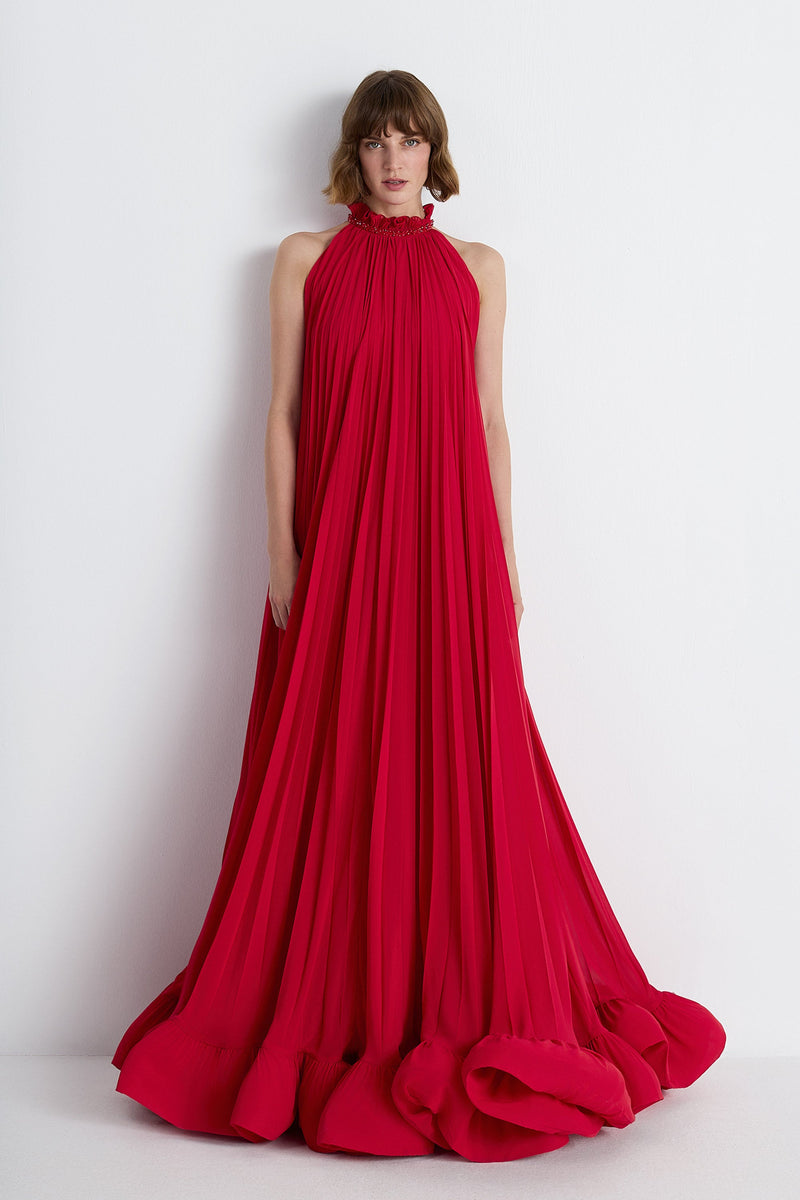 Nean Pleated Halter Neck Gown Red