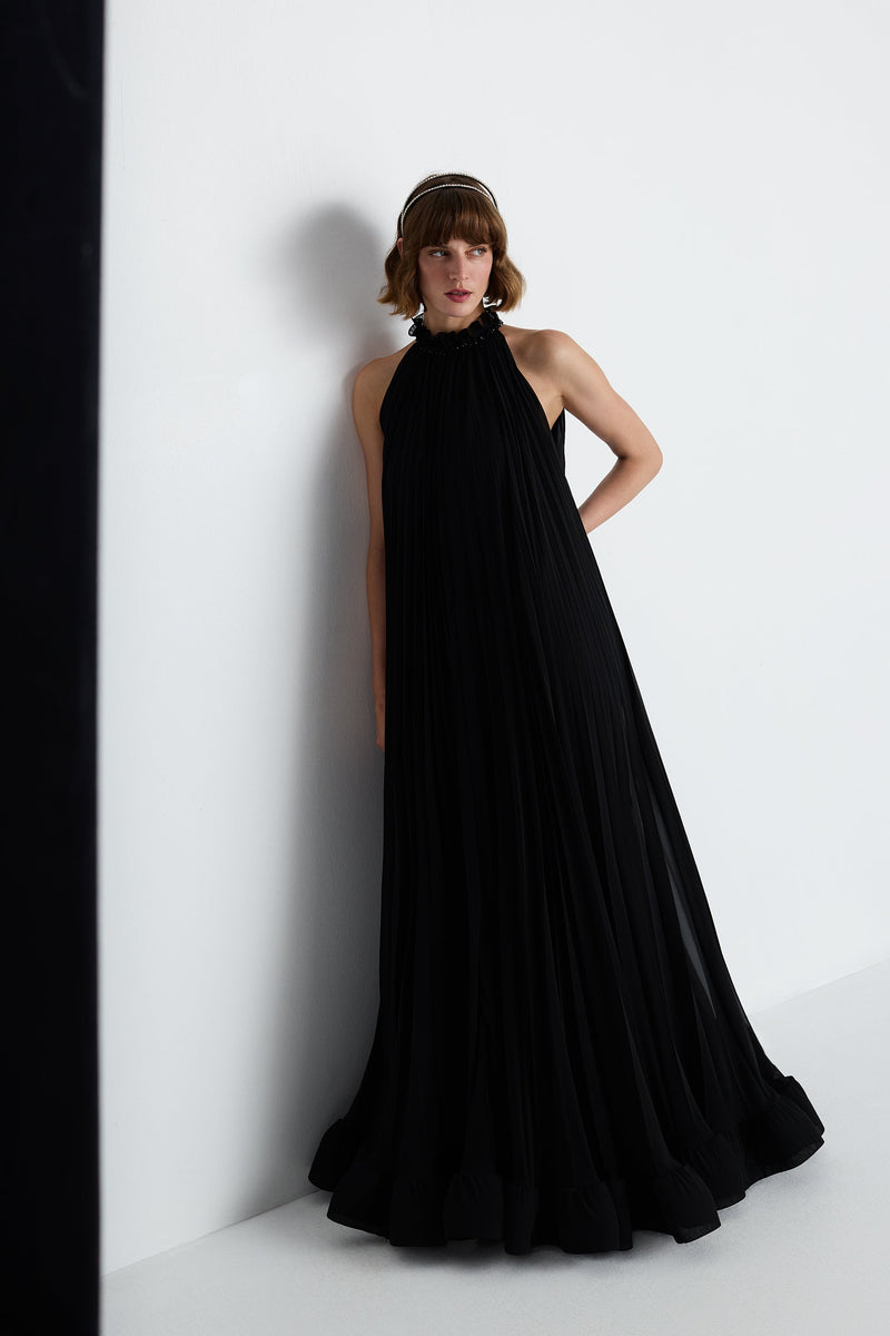 Nean Pleated Halter Neck Gown Black