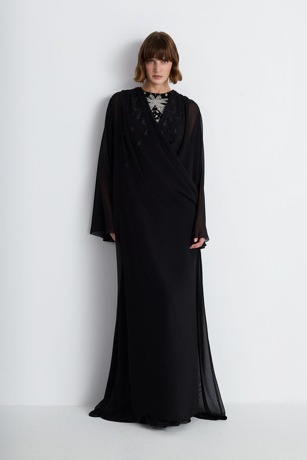 Nean Embellished Draped Kaftan Gown Black