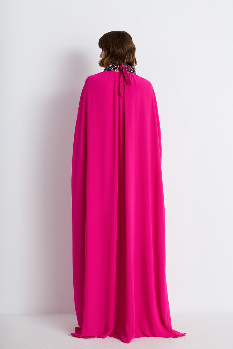 Nean Embellished Neckline Cape Gown Fuchsia