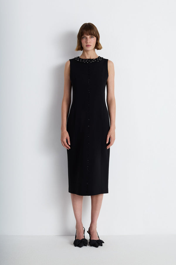Nean Embellished Neckline Midi Dress Black