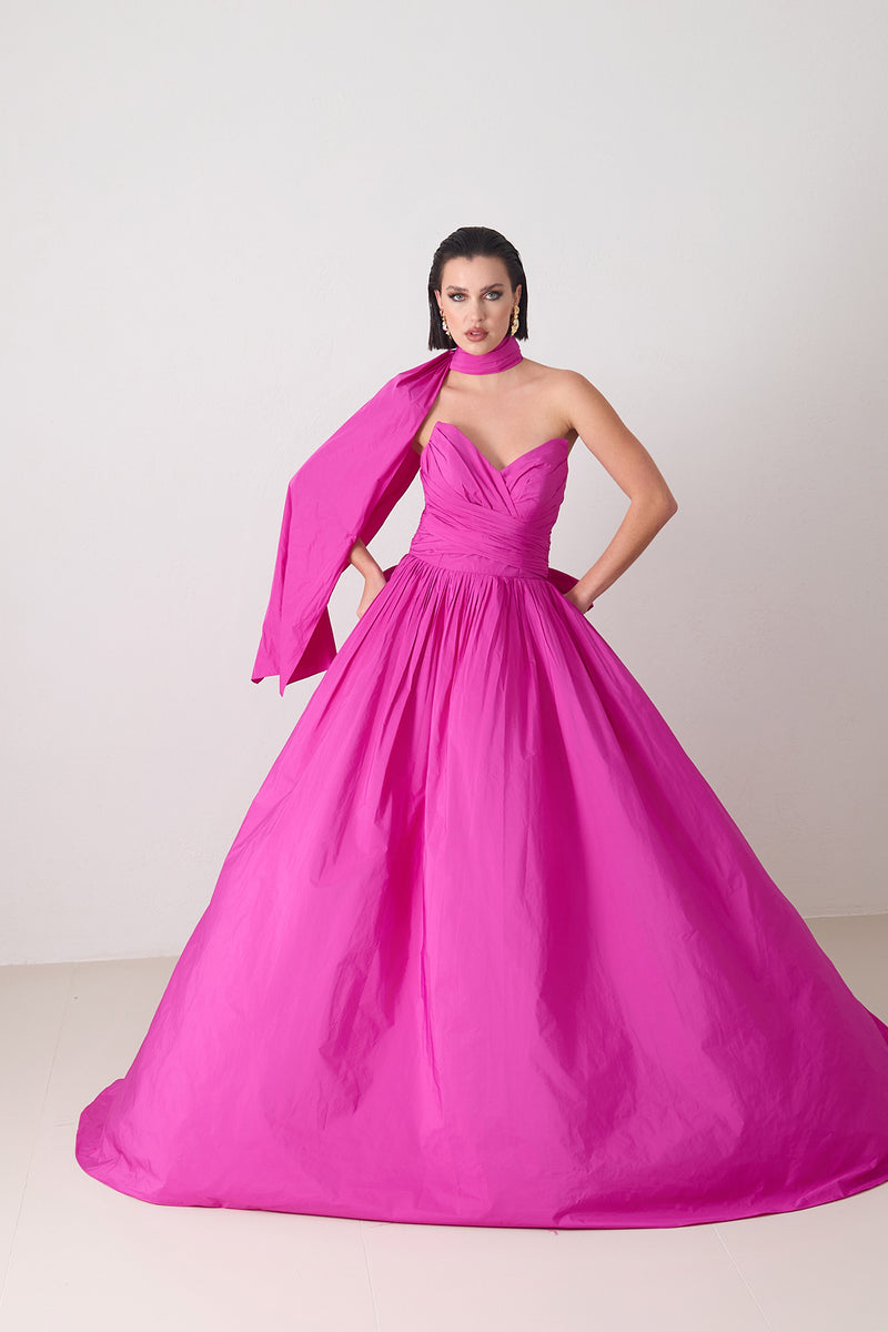Setre Strapless Dress With Ribbon And Shawl Detail On Neck Fuchsia