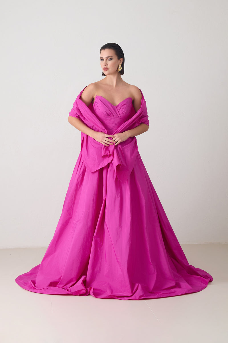 Setre Strapless Dress With Ribbon And Shawl Detail On Neck Fuchsia