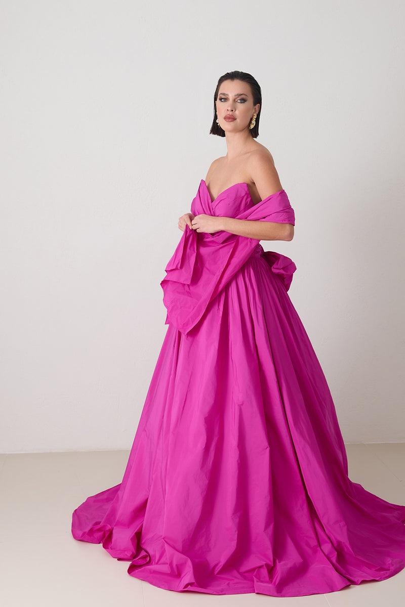 Setre Strapless Dress With Ribbon And Shawl Detail On Neck Fuchsia