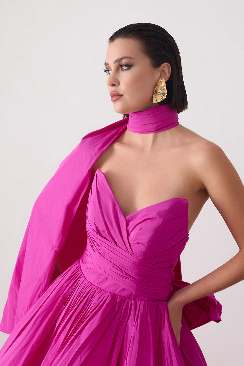 Setre Strapless Dress With Ribbon And Shawl Detail On Neck Fuchsia