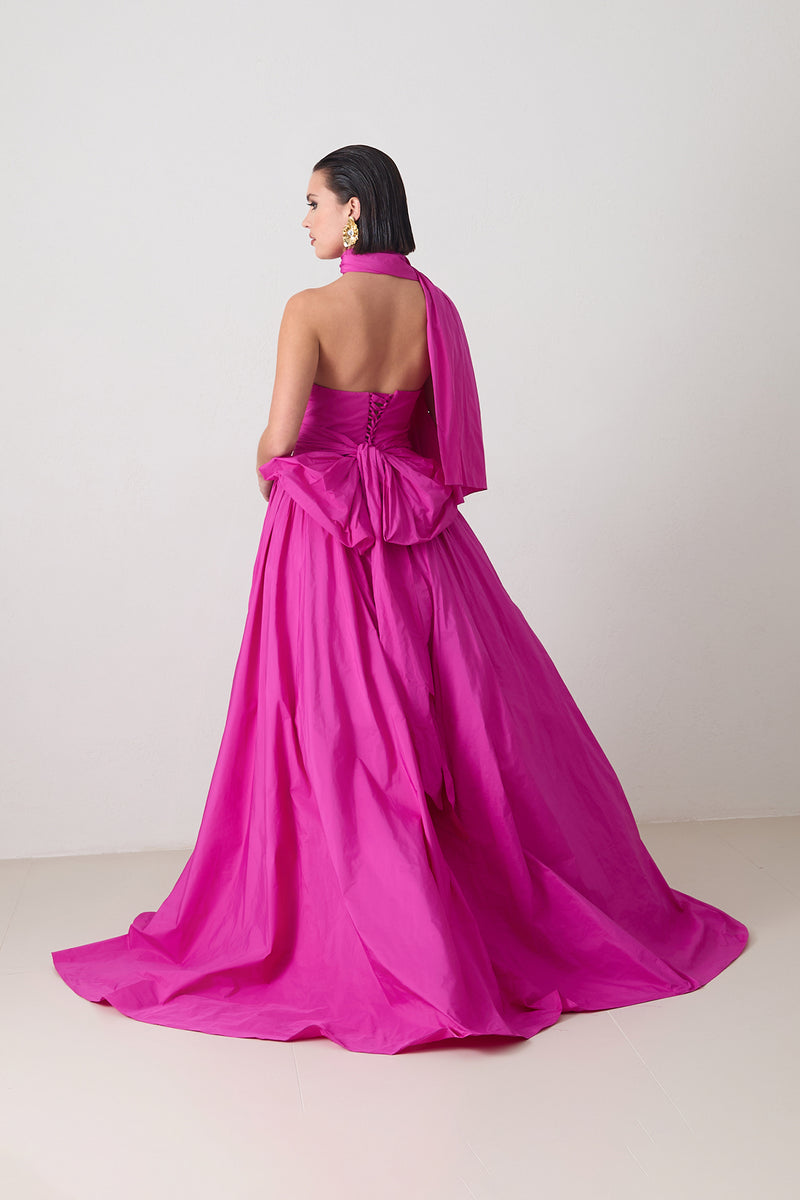 Setre Strapless Dress With Ribbon And Shawl Detail On Neck Fuchsia