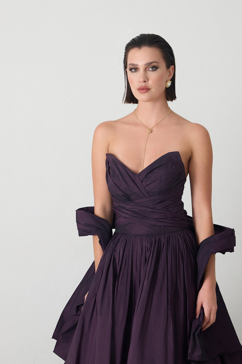 Setre Strapless Dress With Ribbon And Shawl Detail On Neck Purple
