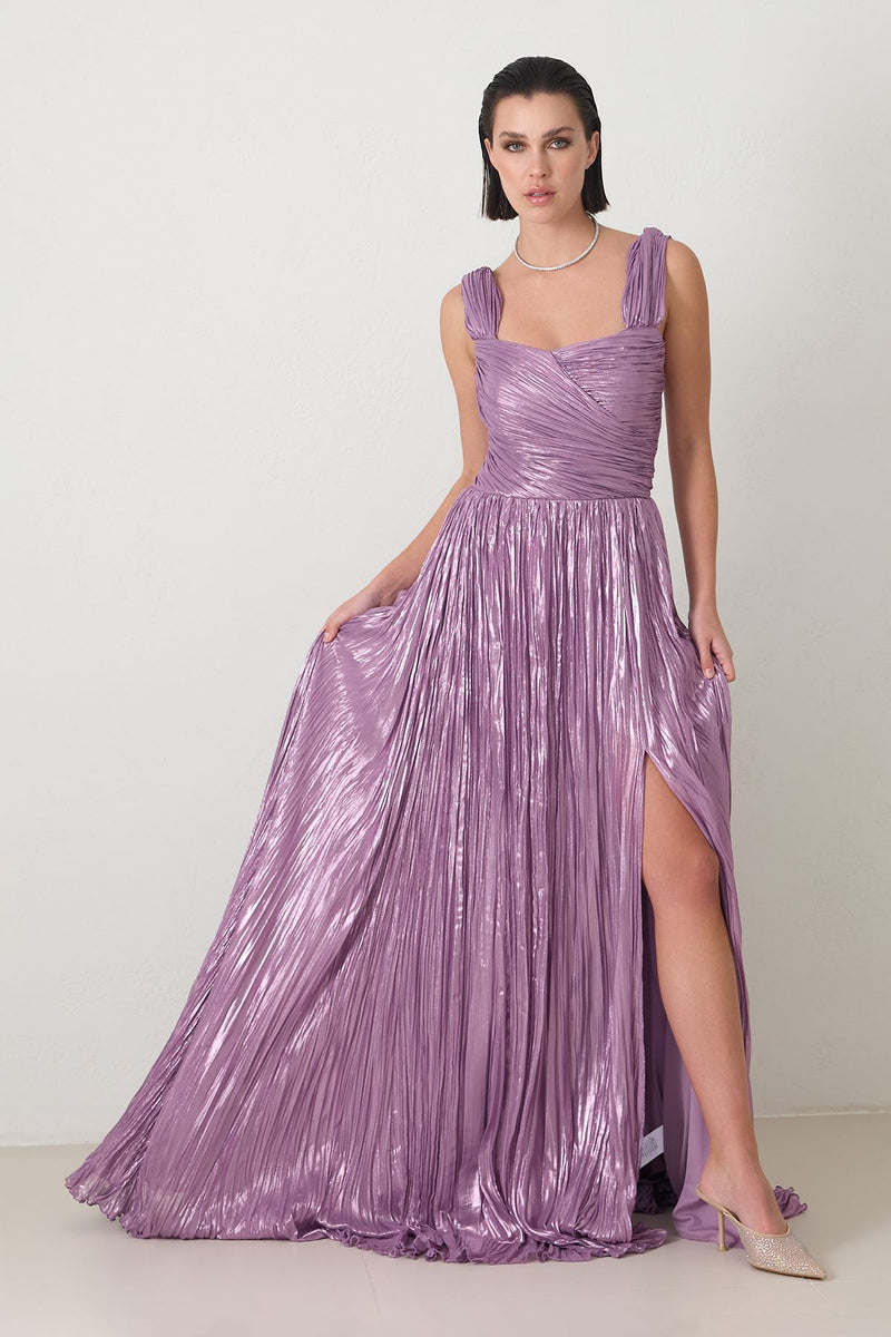 Setre Shoulder Detailed Waisted Slit Evening Dress Lilac