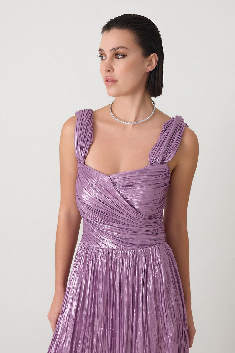 Setre Shoulder Detailed Waisted Slit Evening Dress Lilac