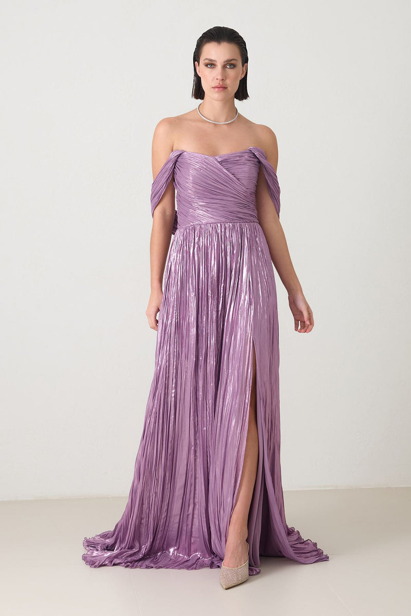 Setre Shoulder Detailed Waisted Slit Evening Dress Lilac