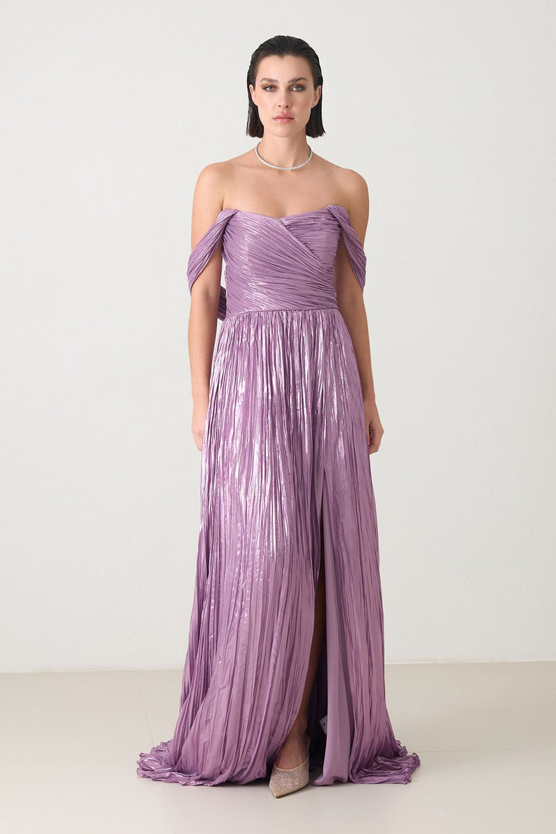 Setre Shoulder Detailed Waisted Slit Evening Dress Lilac