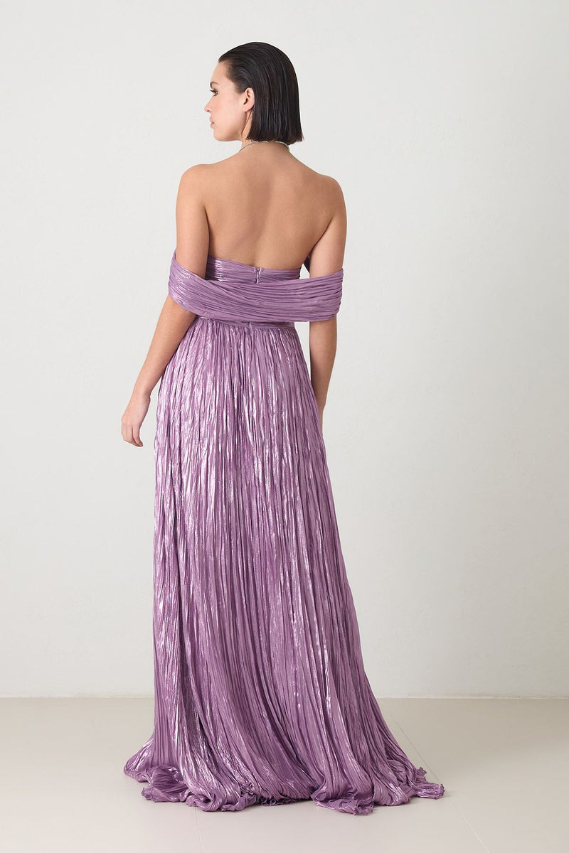 Setre Shoulder Detailed Waisted Slit Evening Dress Lilac