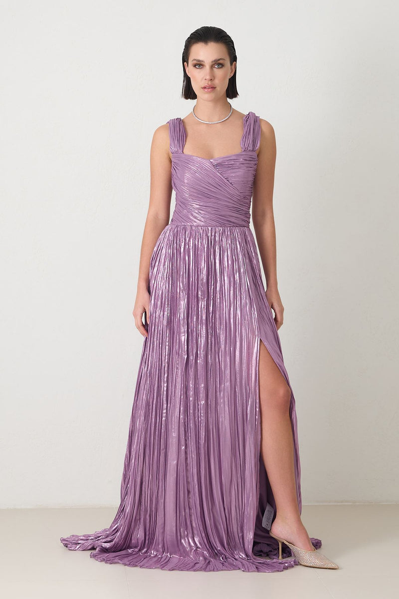 Setre Shoulder Detailed Waisted Slit Evening Dress Lilac