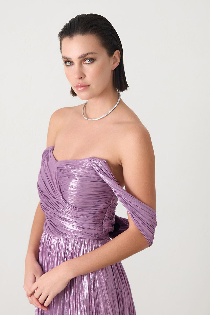 Setre Shoulder Detailed Waisted Slit Evening Dress Lilac
