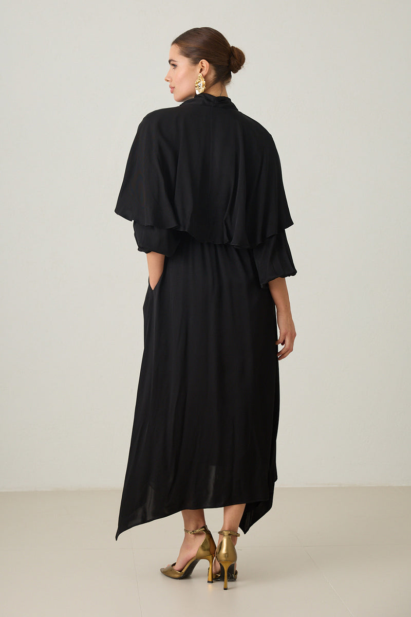 Setre Cape-Effect Asymmetrical Dress Black