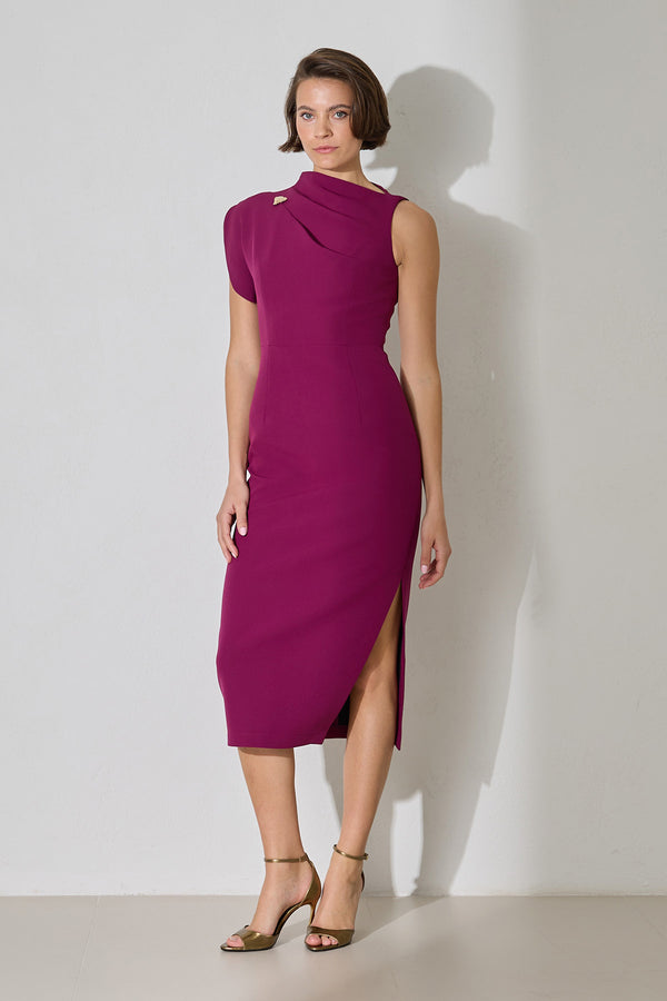 Setre One Shoulder Detailed Full Cut Midi Length Dress Dark Fuchsia