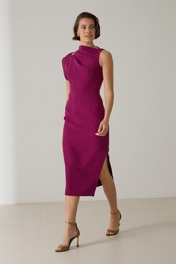 Setre One Shoulder Detailed Full Cut Midi Length Dress Dark Fuchsia