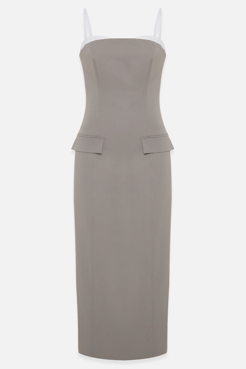 Setre Thin Strap Collar And Pocket Detailed Midi Dress Olive
