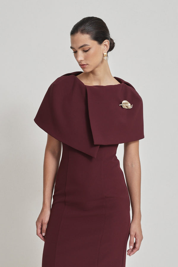 Setre Collar Detailed Full Cut Midi Length Dress Burgundy