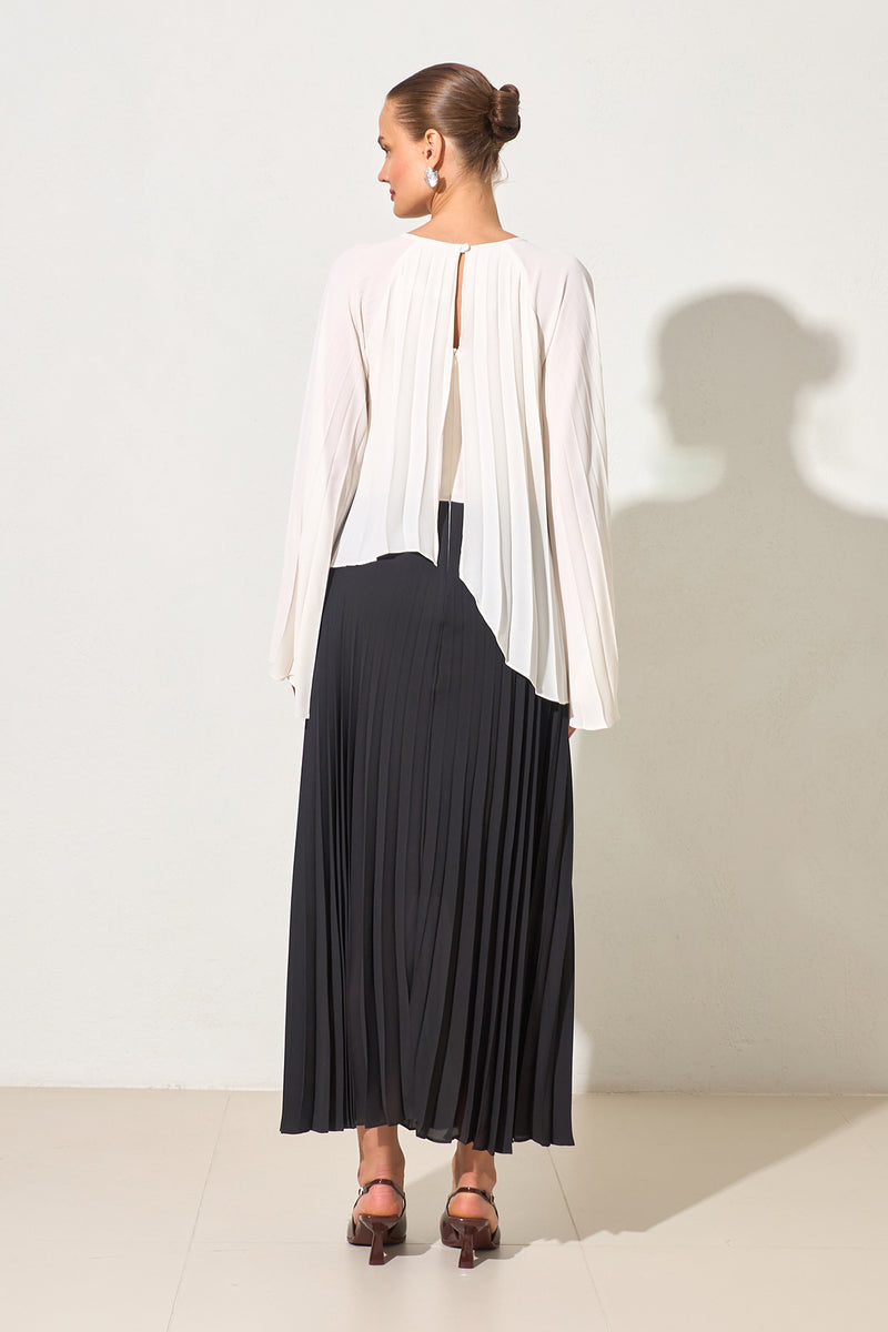 Setre Crew Neck Pleated Detailed Two-Tone Dress Black/Ecru