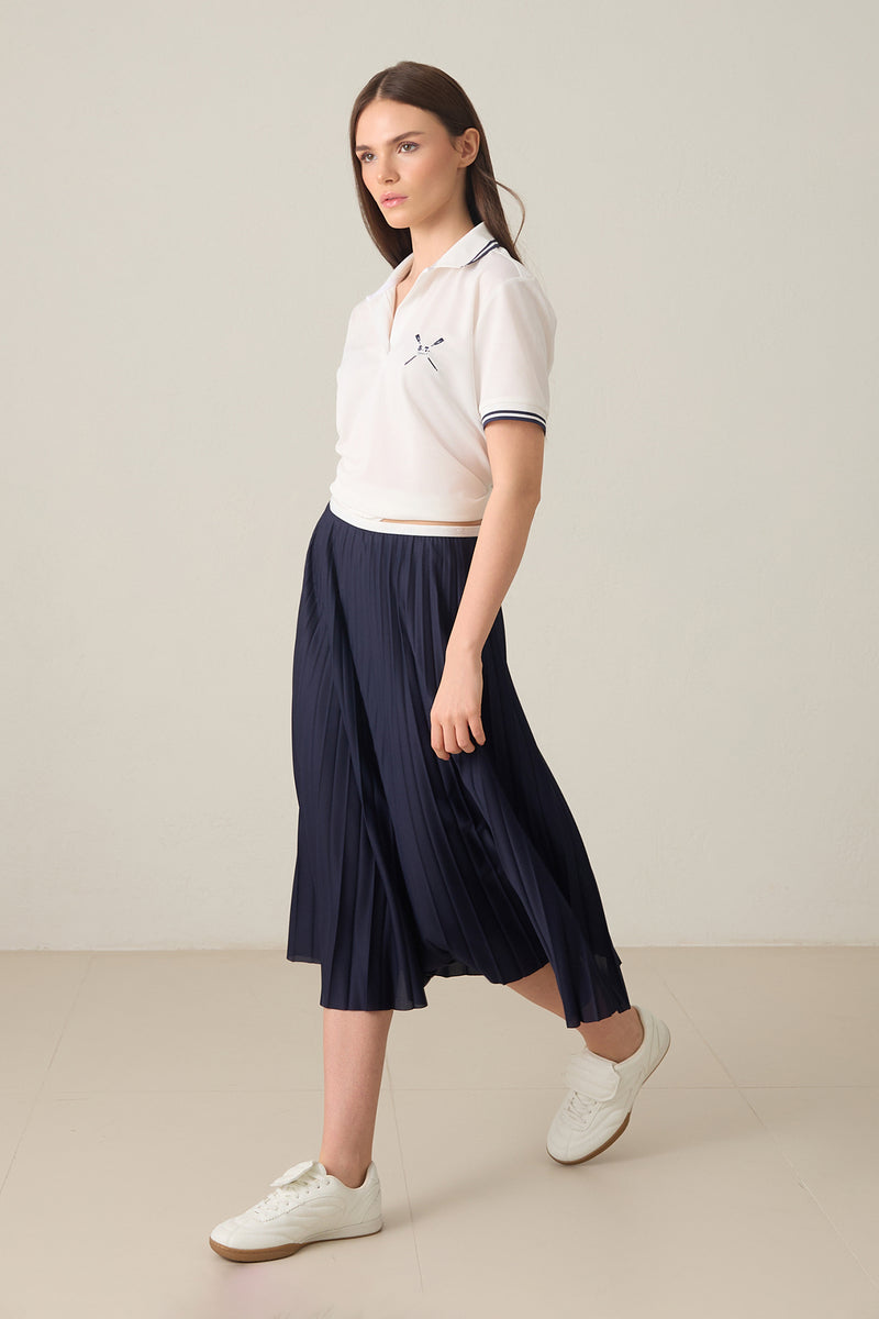 Setre Contrast Waist Pleated Skirt Navy