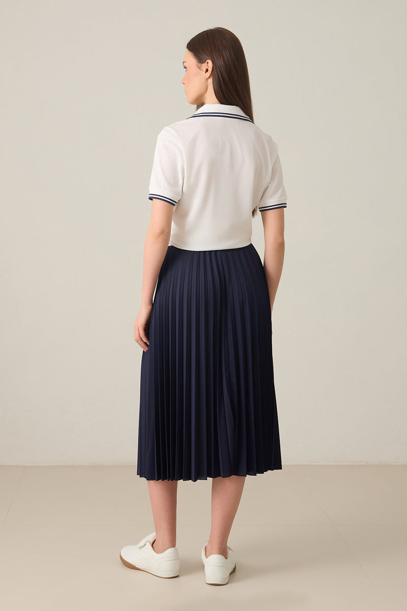 Setre Contrast Waist Pleated Skirt Navy