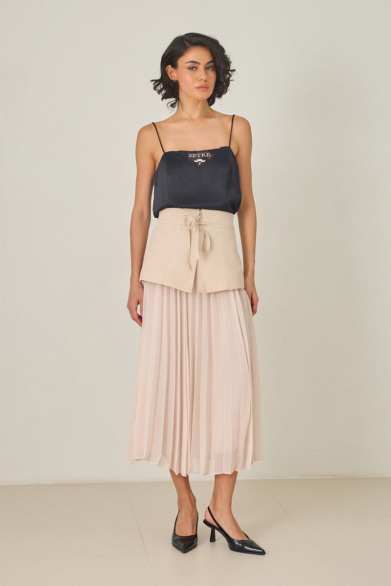 Setre Pleated With Zippered Tie Detailed Long Skirt Beige