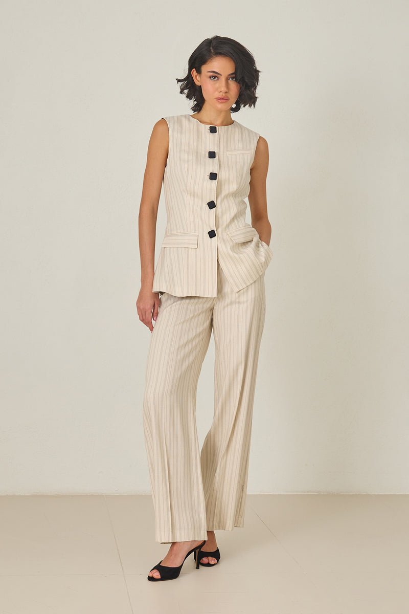 Setre Sleeveless Button Detailed Vest And Relaxed Cut Trouser Suit Beige