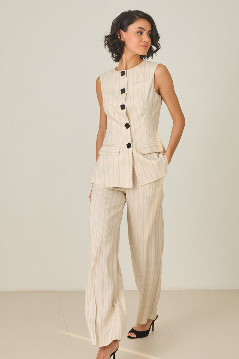 Setre Sleeveless Button Detailed Vest And Relaxed Cut Trouser Suit Beige