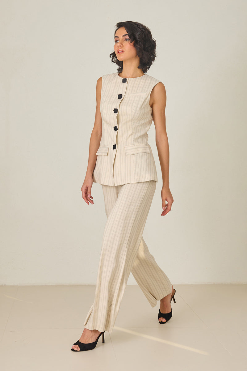 Setre Sleeveless Button Detailed Vest And Relaxed Cut Trouser Suit Beige
