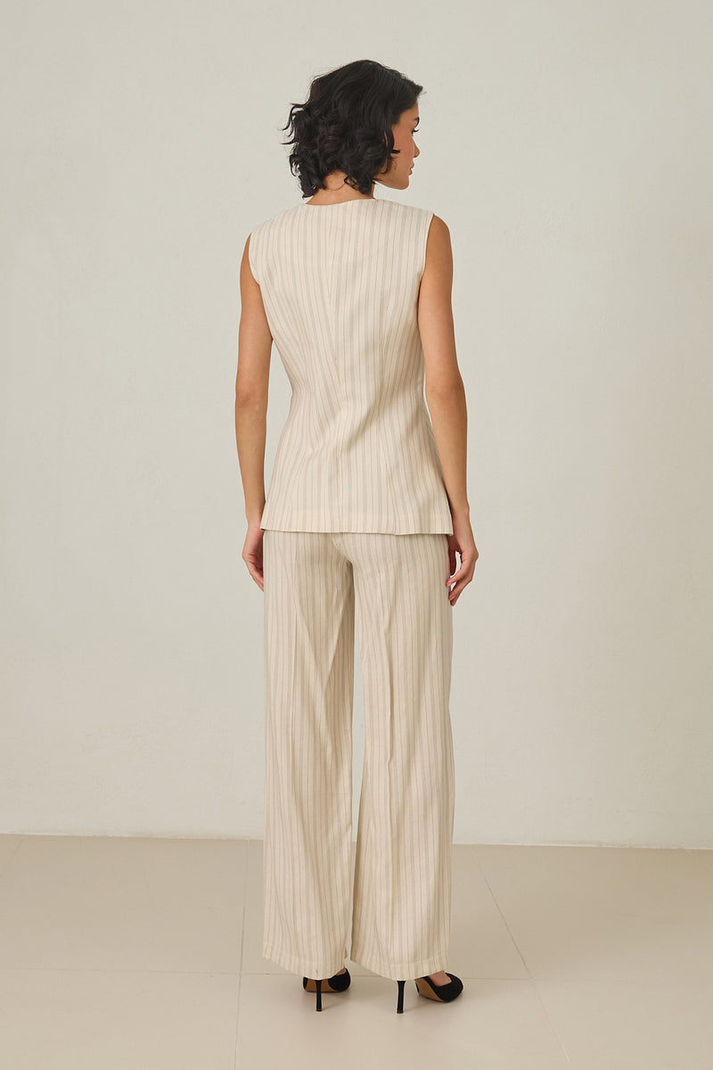 Setre Sleeveless Button Detailed Vest And Relaxed Cut Trouser Suit Beige