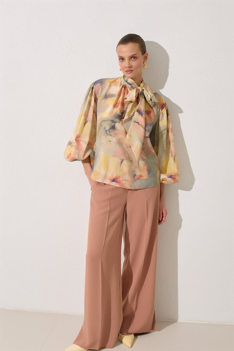 Setre Neck Tie Detailed Long Sleeve Patterned Blouse Mint