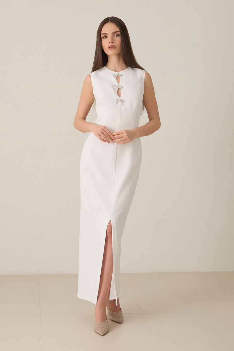 Setre Low-Cut Bow Detail Sleeveless Dress Ecru