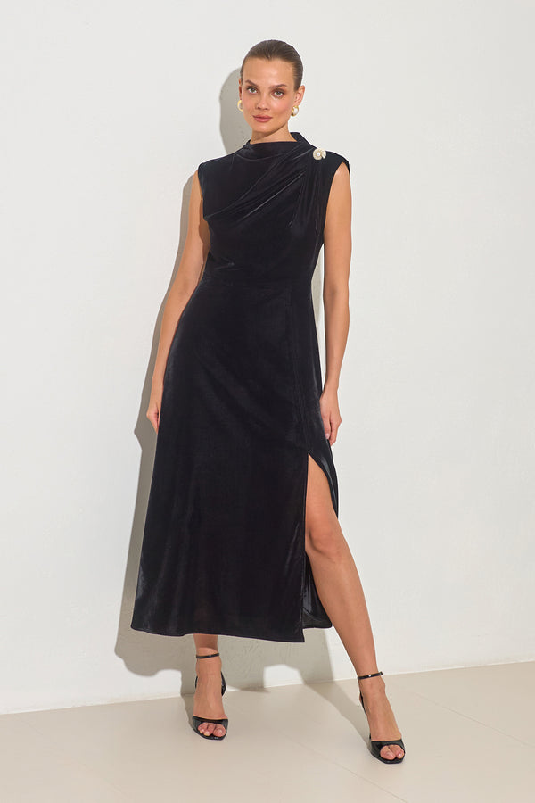 Setre Sleeveless Velvet Dress With Collar Detail Black