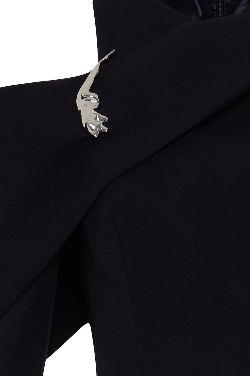 Setre Sleeve Detailed Full Pattern Long Sleeve Dress Black