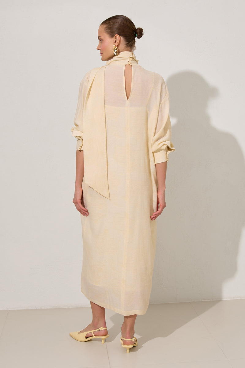 Setre Collar Lace Detailed Patterned Dress Light Yellow