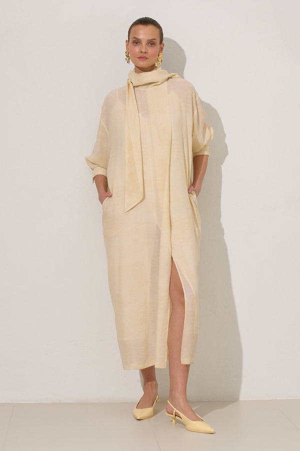 Setre Collar Lace Detailed Patterned Dress Light Yellow