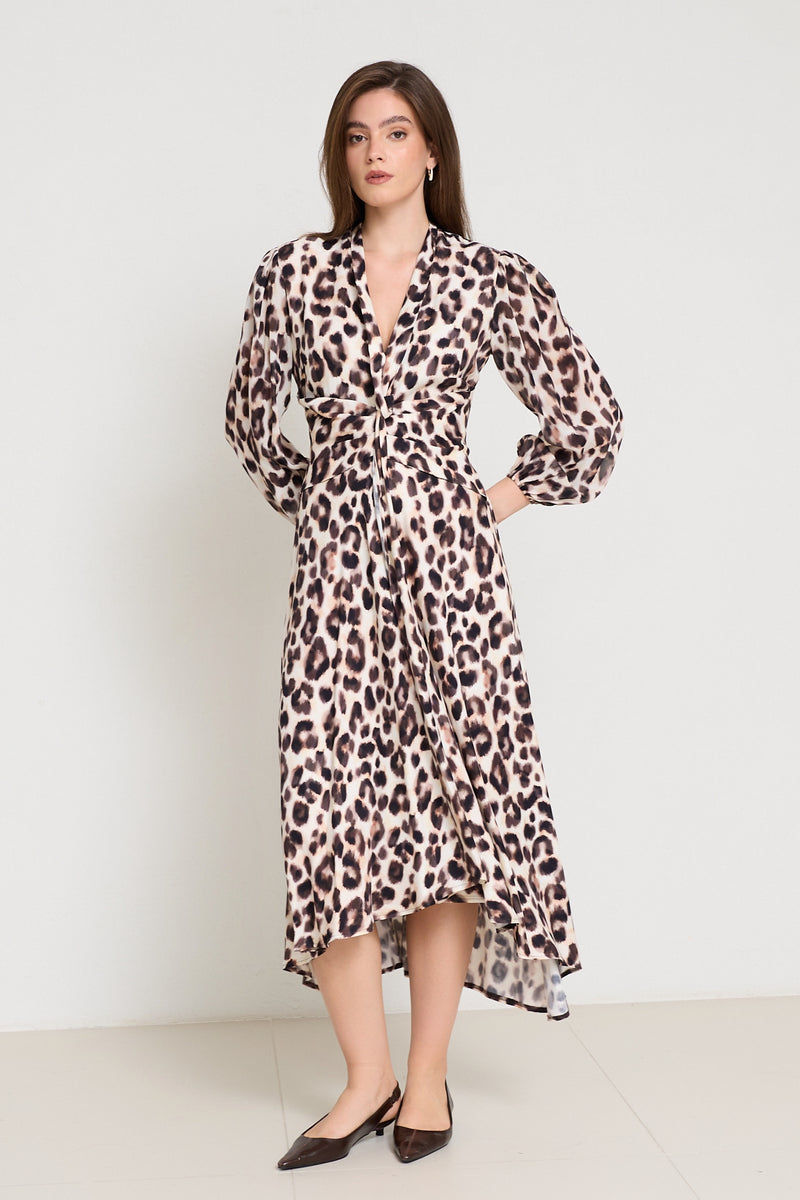 Setre Collar Detailed Leopard Print Dress Cream Multi