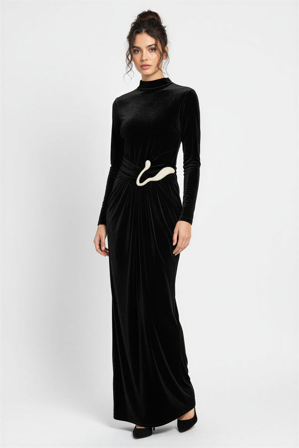 Setre Waist Accessory Detailed Velvet Dress Black