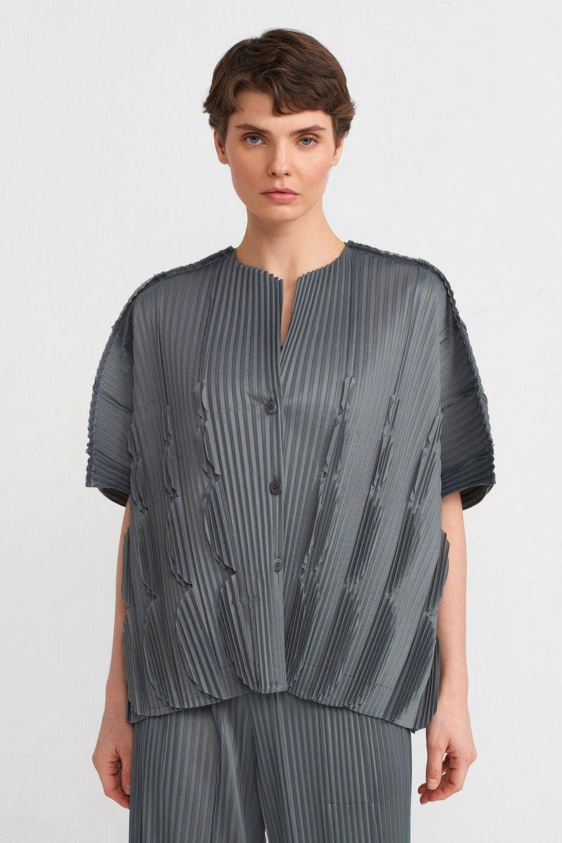 NU V-Neck Pleated Blouse Silver