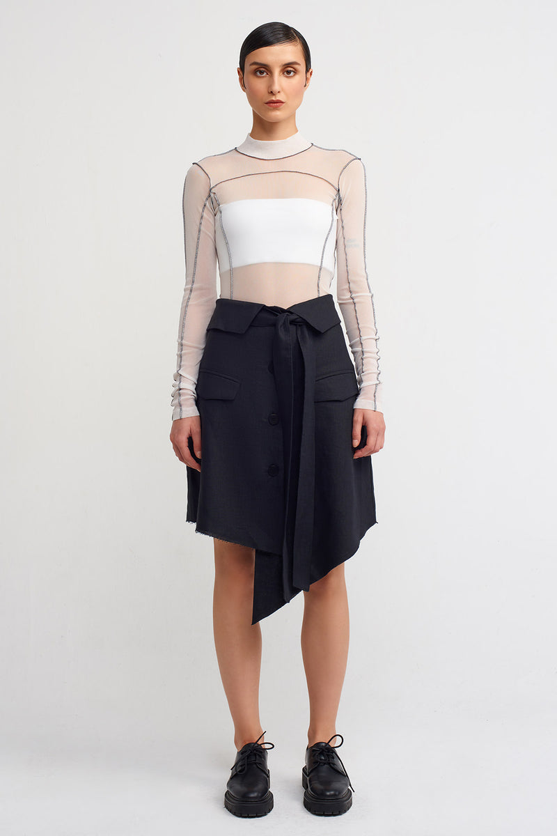 NU Front-Tie Asymmetric Linen Skirt Black