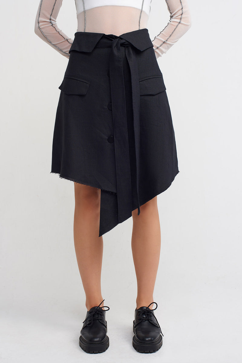 NU Front-Tie Asymmetric Linen Skirt Black