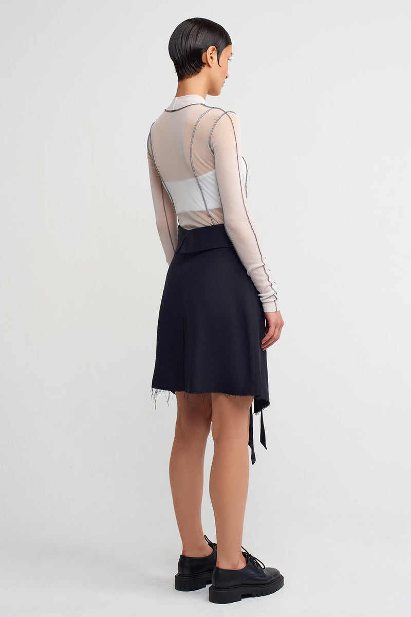 NU Front-Tie Asymmetric Linen Skirt Black