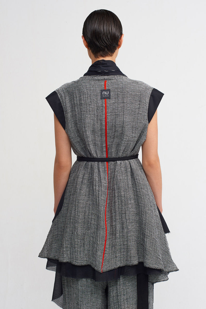 NU Sleeveless, Shawl Collar Linen Jacket With Veil Detail Black & Grey