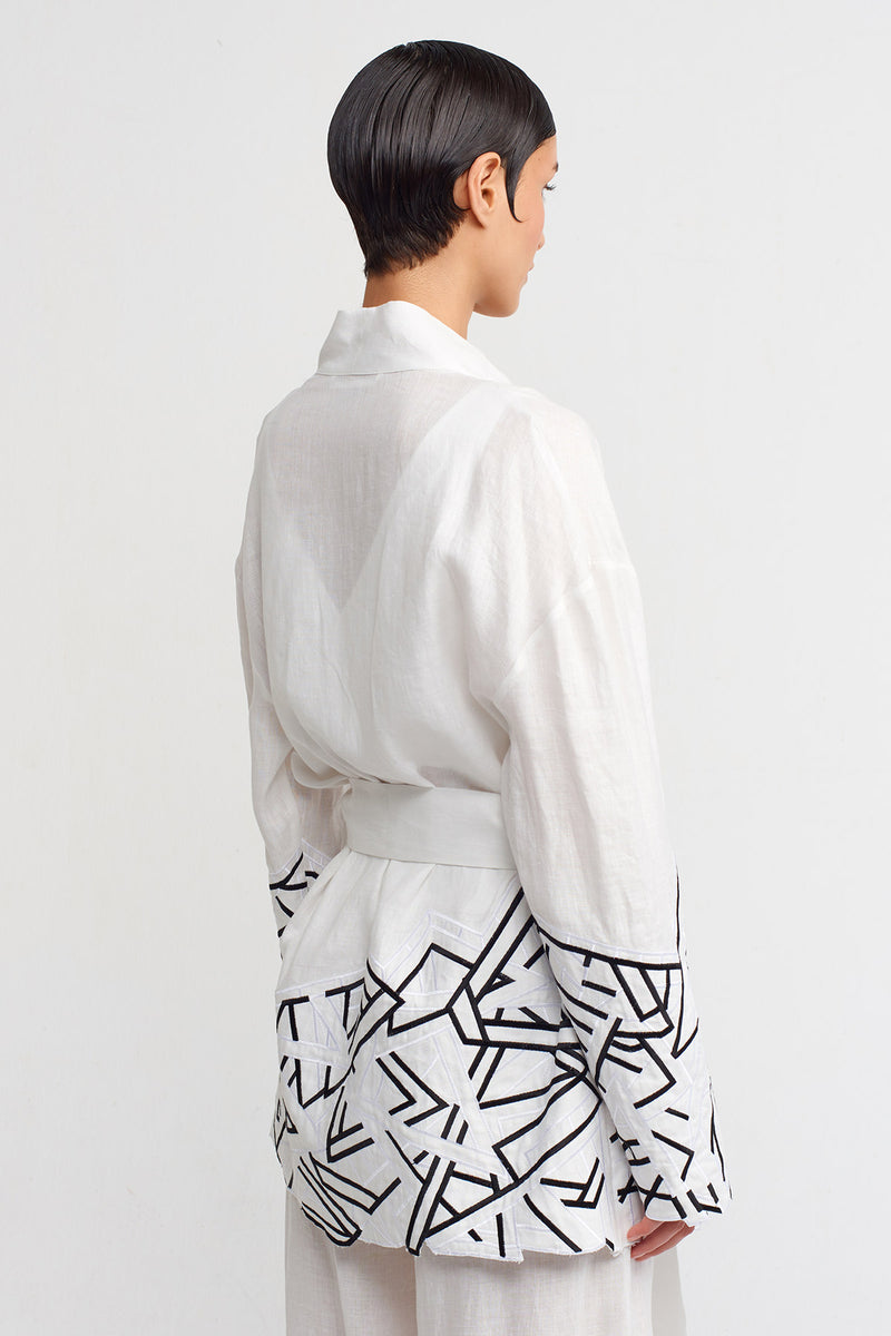 NU Embroidered Short Kimono With Hem Details Off White/Black