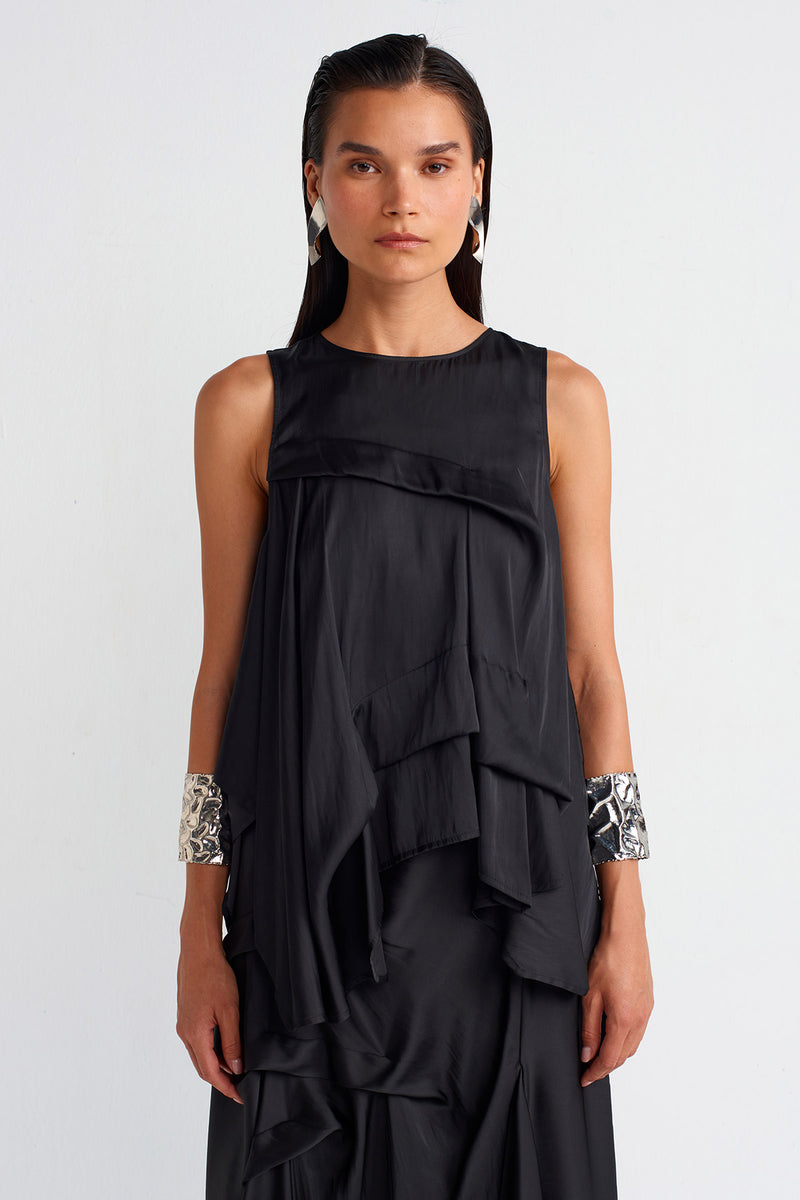 Nu Pleated Satin Blouse Black