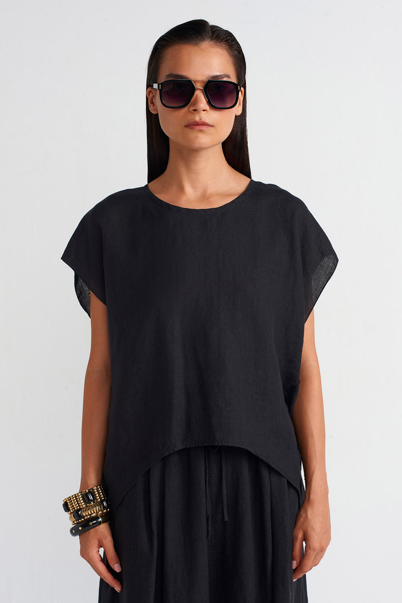 NU Long Back Linen Blouse Black